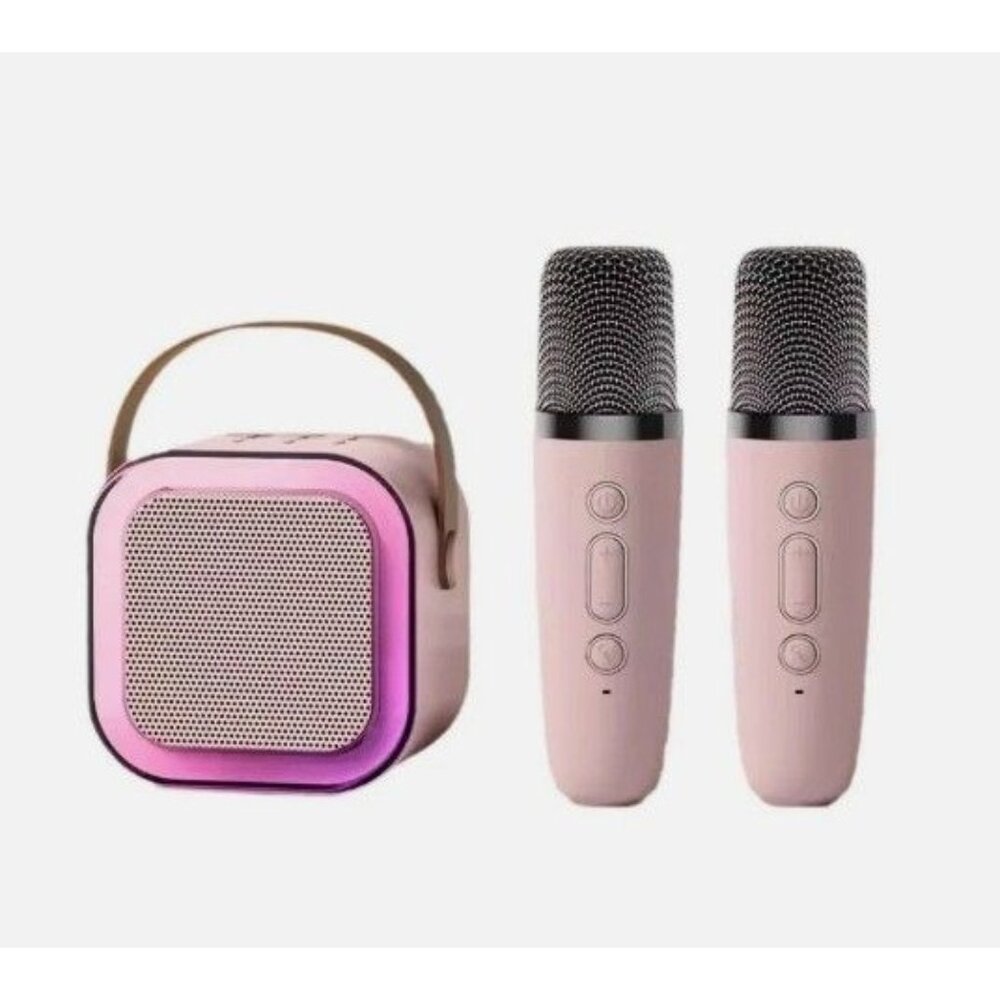 Mini Bluetooth Portable Karaoke Speaker with 2 Wireless Microphones Light Pink
